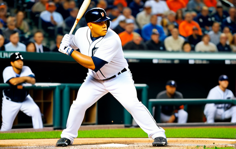 미구엘 카브레라의 타격 기록 - The Hitting Artist**
"Miguel Cabrera at bat in Comerica Park, Detroit, focused and determined, wear...