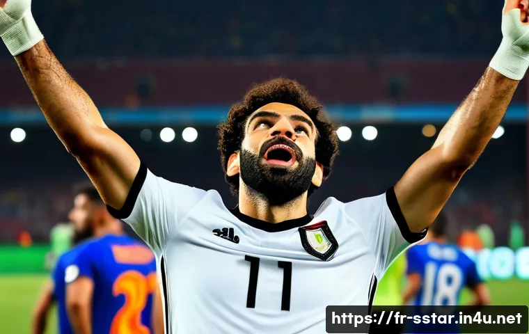 모하메드 살라의 이집트 대표팀 활약 - A dynamic and detailed portrait of Mohamed Salah in the Egyptian national football team kit, celebra...