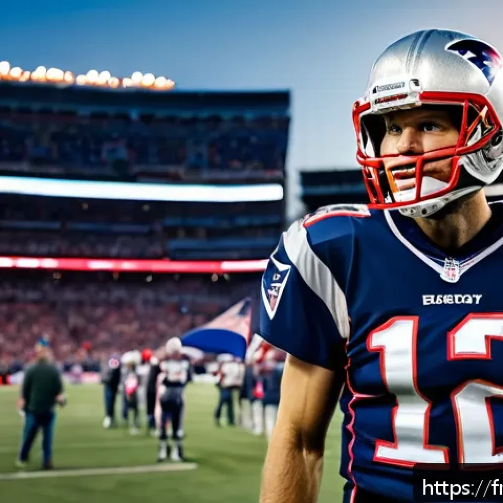 톰 브래디 슈퍼볼 우승 기록 - A dynamic and inspiring portrait of Tom Brady in full American football gear, wearing the New Englan...