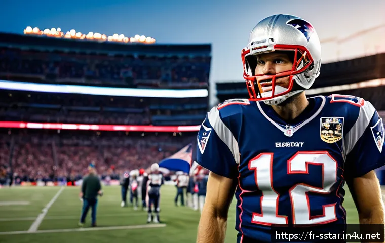 톰 브래디 슈퍼볼 우승 기록 - A dynamic and inspiring portrait of Tom Brady in full American football gear, wearing the New Englan...