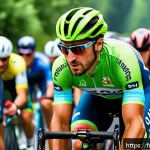 피터 사간의 자전거 레이스 전략 - A professional cyclist resembling Peter Sagan in a dynamic peloton scene during a classic European o...